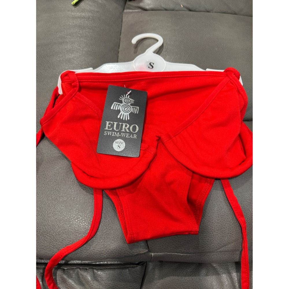 Euro Swimwear Red Side Tie Bikini set Small NWT Solid Low Rise Summer Beach